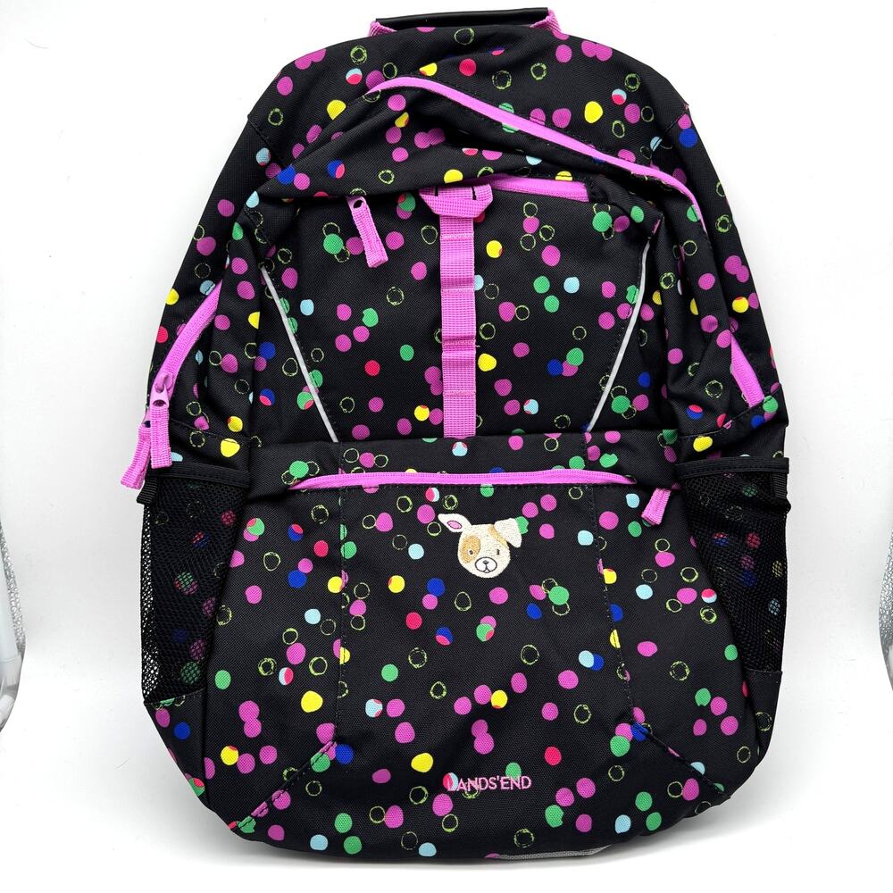 Lands End Backpack School Medium Black Pink Dots Embroidered Dog New